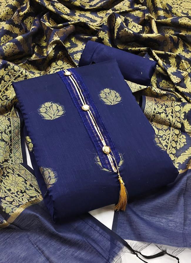 Banarasi Jacquard Navy Blue Traditional Wear Weaving Dress Material